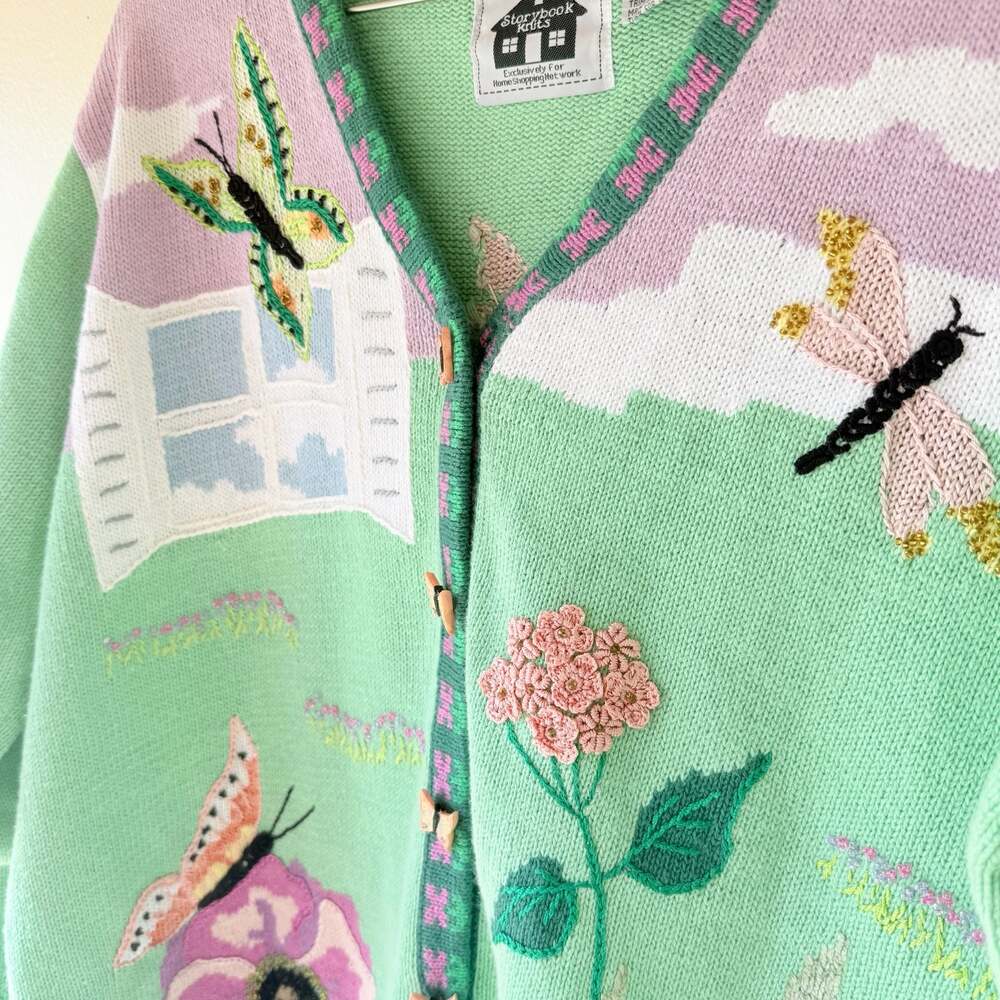 Vintage Storybook Butterfly and Floral Garden Knit Cardigan Sweater - Picture 15 of 15